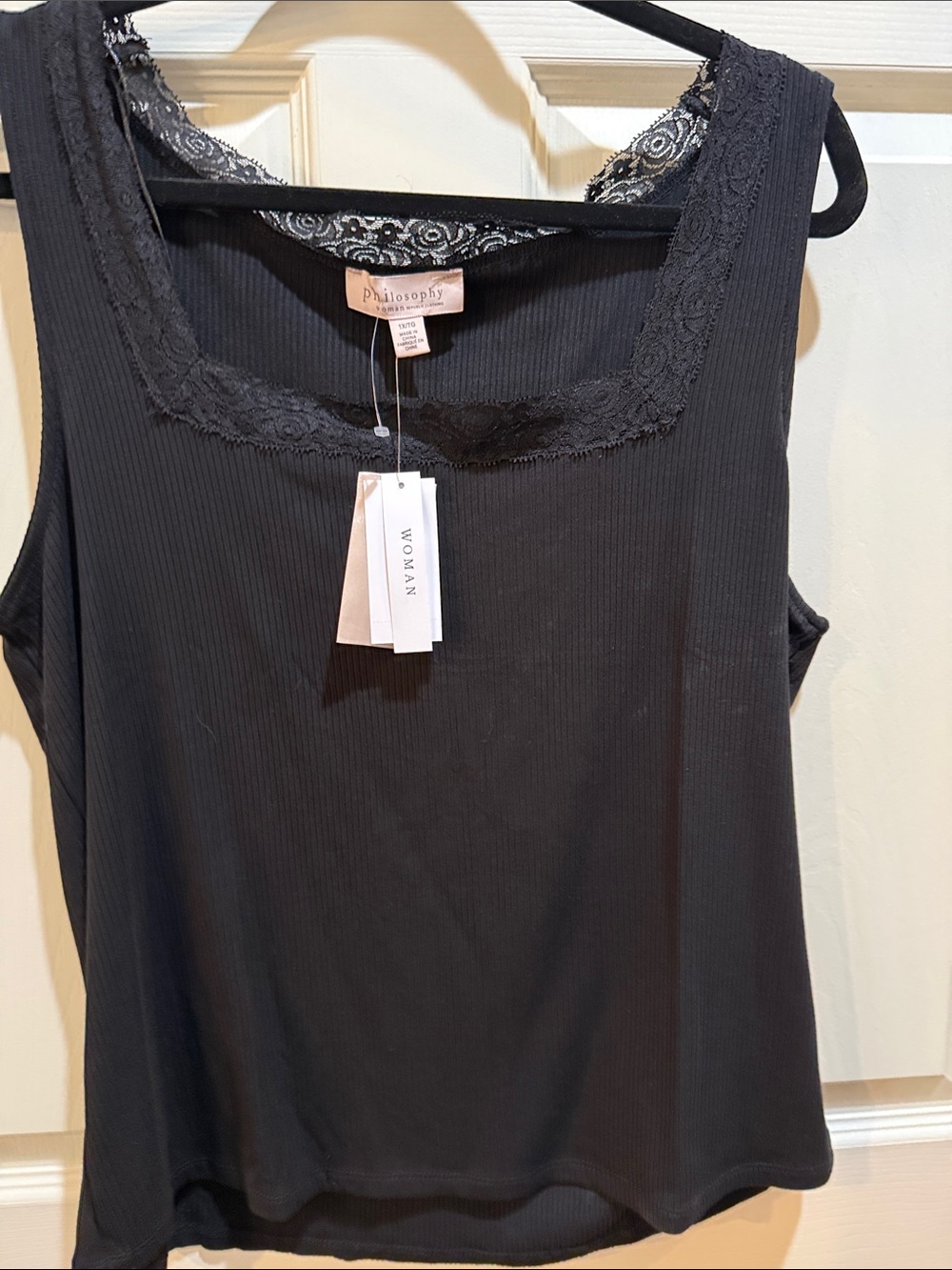 Philosophy Black Ribbed Lace-Trim Square Neck Tank